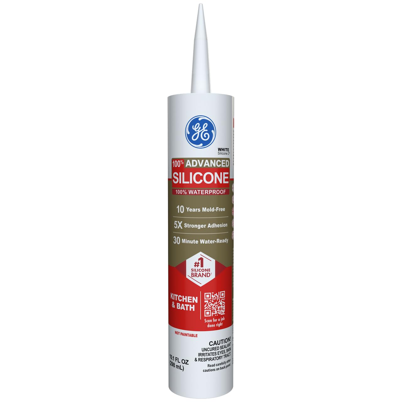 GE Advanced Silicone Caulk for Kitchen & Bathroom, White, 10 fl oz Cartridge, 1 Pack - 100% Waterproof Silicone Sealant, 5X Stronger Adhesion, Shrink & Crack Proof