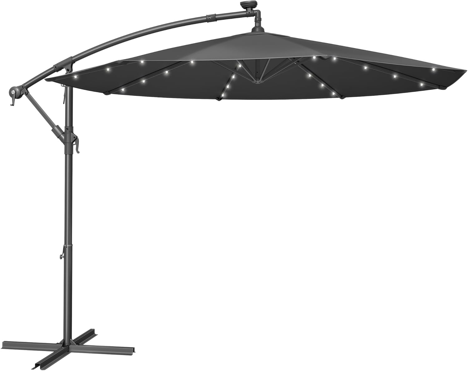 SONGMICS Cantilever Garden Parasol with Solar-Powered LED Lights, 3 m Banana Patio Umbrella with Base, Crank for Opening Closing, Sunshade with Protection UPF 50+, Grey GPU118G01