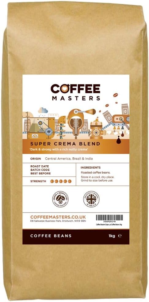 Coffee Masters Super Crema Espresso Coffee Beans 1kg - Intensely Strong Dark Roasted Blend of Arabica and Robusta Whole Coffee Beans - Ideal for Espresso Machines