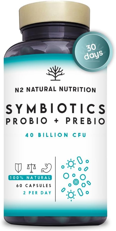 Probiotics and Prebiotics Supplement 40 Billion CFU. 6 Probiotic Strains, 60 Vegan Chlorophyll Capsules. N2 Natural Nutrition