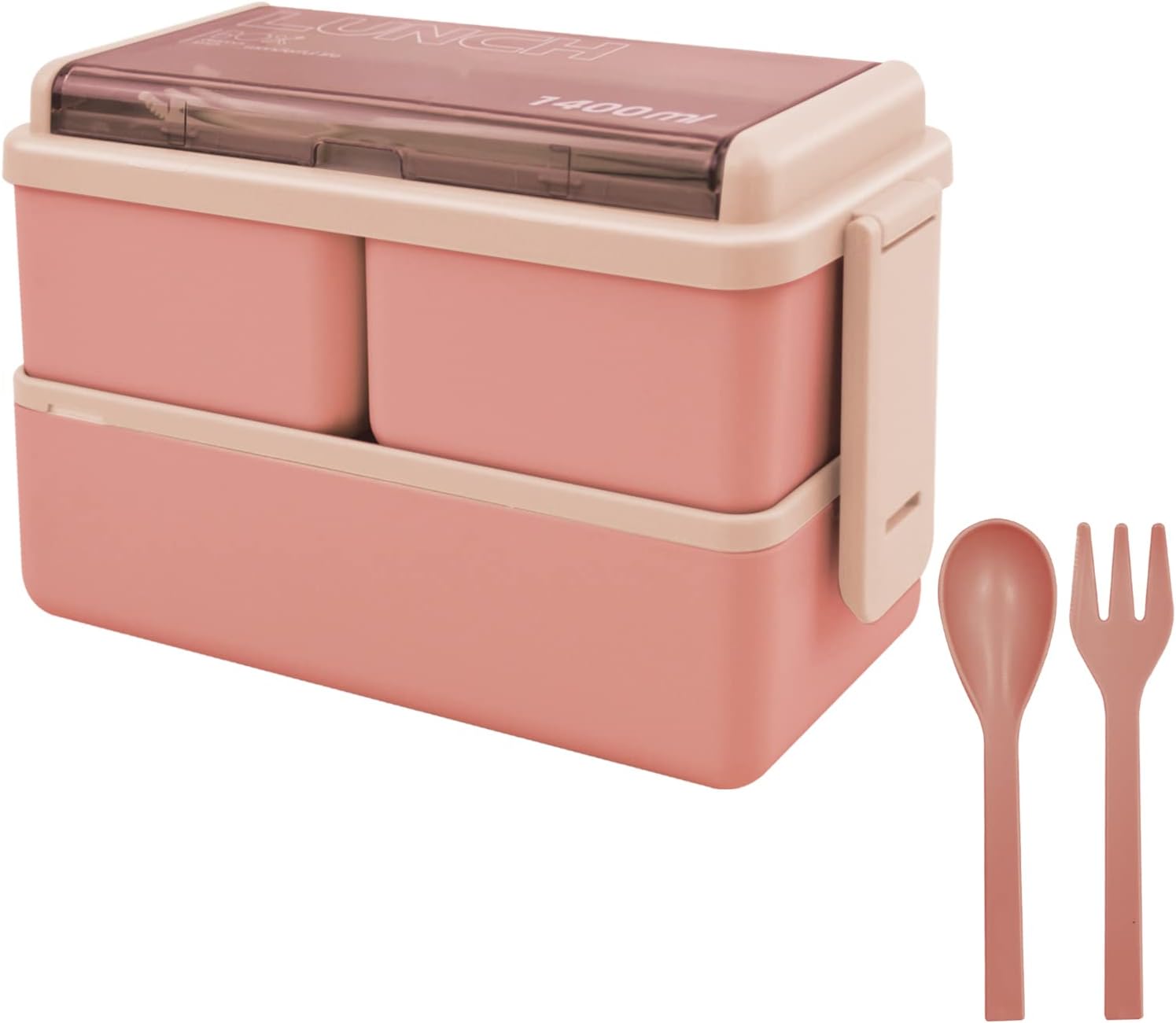 Jsdoin Bento Lunch Box Stackable,1400ml Containers with 3 Removable Compartments and Cutlery, Leak Proof 2 Layer Boxes, for Adults Kids Office Microwave Dishwasher Safe Available(pink)