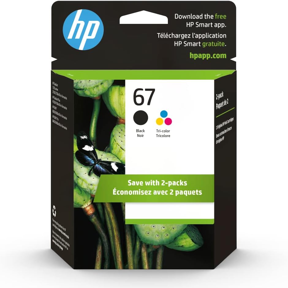 HP 67 Black/Tri-color Ink Cartridges for HP Printers | Works with Printer Series: DeskJet 1255, 2700, 4100; ENVY 6000, 6400 | Eligible for Instant Ink | 3YP29AN