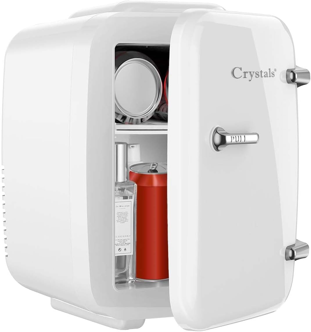 Crystals 4/10/15L Litre Mini Fridge, Table Top Small Fridge Cooler & Warmer for Car Bedrooms Desk Office, 12V DC - 220 AC, Mini Fridge for Bedrooms – Energy Efficient (White, 4L Litre)