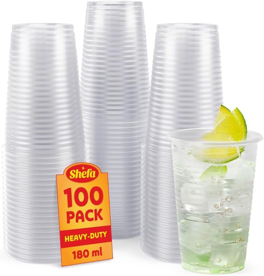 Shefa Clear Plastic Cups - 100-1000- 3000 Plastic Party Cups for Beer, Water, & Juice, Plastic Cups for Dessert & Cold Drinks - Slush Cups & Milkshake and Cocktail Cups - 180ml, 100 Plastic Glasses