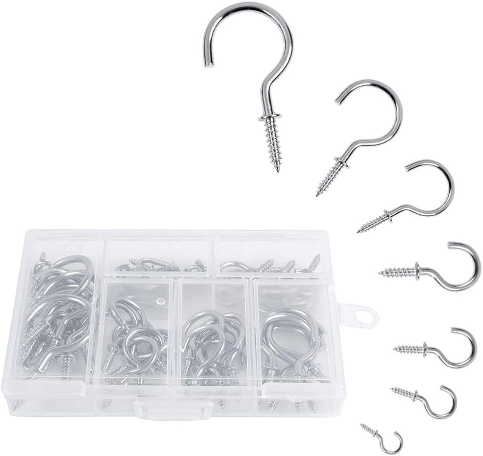 OWUDE 60PCS Screw Hooks, Cup Hooks Heavy Duty, Small Hanging Hooks, Drop Ceiling Hooks Screw for Hanging Plants, Cups, Kitchen Cabinet Shelf, 7 Sizes (Silver)