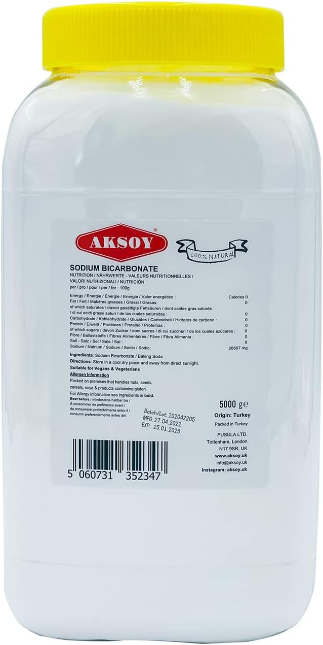 Aksoy Baking Soda 5KG | Pure Sodium Bicarbonate Powder with Highest Purity, Food Grade, Multi-Purpose Use for Cooking, Baking, Cleaning, Odor Removal, and More...