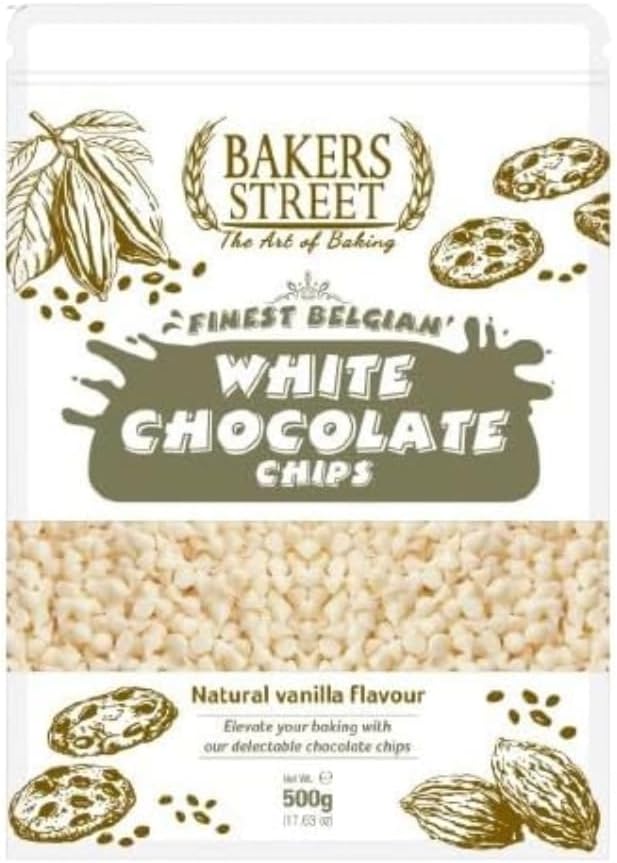 Bakers Street White Chocolate Chips 500g BakeStable Chocolate For Baking & Desserts - Ideal for Cakes, Cookies, Muffins, Decorating