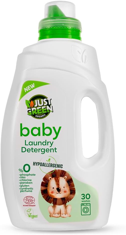 Just Green Organic Baby Laundry Liquid 1500ml, Dermatologically Tested Hypoallergenic, Vegan Baby Liquid Detergent, No Chlorine & No Paraben & No Gluten, Recyclable Bottle