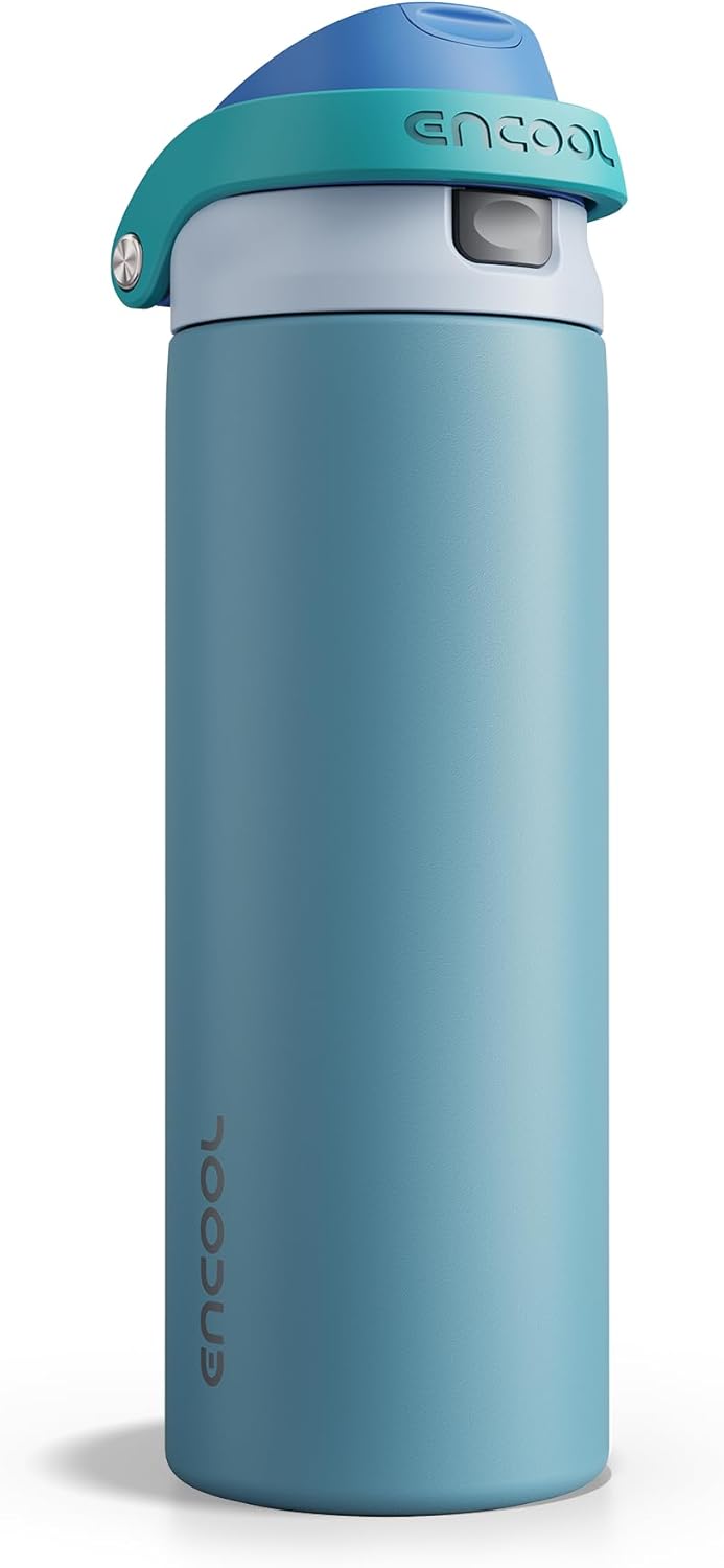 Encool Insulated Stainless Steel Water Bottle with Straw - Leak Proof Sports Water Bottle for School, Travel, Keeps Cold All Day, One-Touch Flip Lid, BPA-Free, 24 oz, Teal Blue