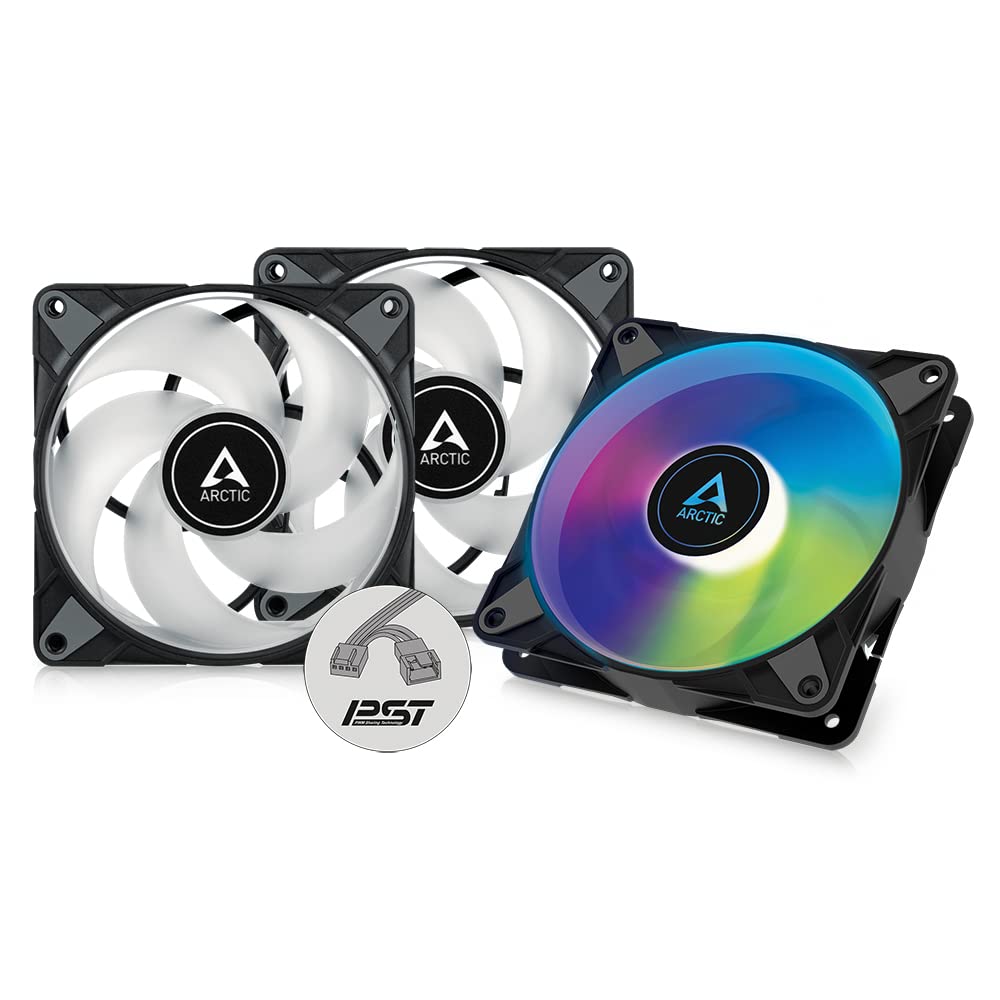 ARCTIC P12 PWM PST A-RGB (3 Pack) - PC Fans, 120mm PWM Case Fan Optimized for Static Pressure, Semi-Passive: 200–2000 RPM (0 RPM <5%), 5V 3 pin ARGB LED - Black