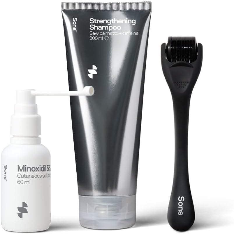 Sons Minoxidil 5%, Strengthening Shampoo and Dermaroller. Hair Regrowth Treatment. Hair Growth Shampoo With Caffeine. Thickening, Anti-Dandruff, DHT Blocker. 1 Month Supply. Made in Europe.