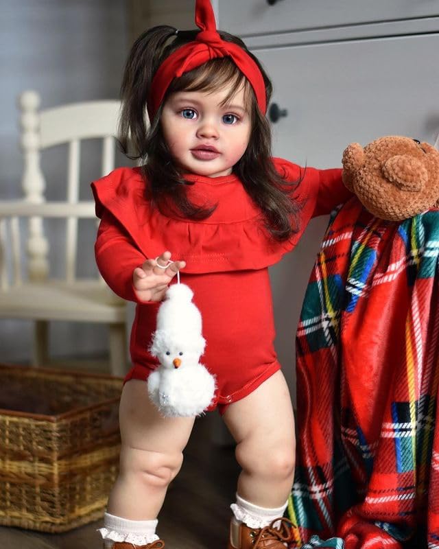 iCradle Realistic Reborn Baby Dolls Girl - 26 Inch Lifelike Newborn Baby Dolls Handmade Silicone Vinyl with Soft Cloth Body, Brown Hair Red Clothes Christmas or Birthday Gift for Kids Age 3 +