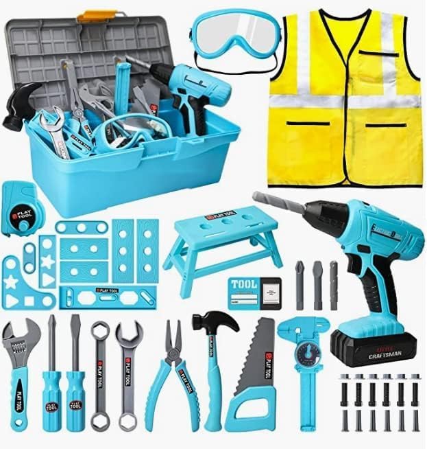 LOYO Kids Tool Set 50 Pcs Kids Construction Toys with Vest, Tool Box with Electric Drill Toy, Pretend Play Kids Toys for Boys Age 3 4 5 6 Years Old