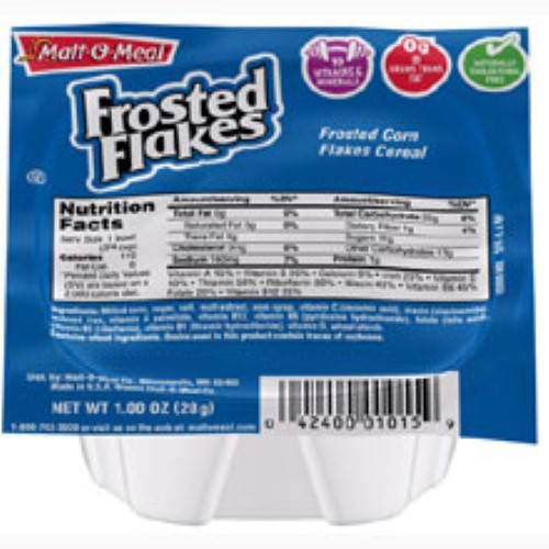 Malt-O-Meal Frosted Flakes Single Serve Bowl Pack Cereal, 1 Ounce -- 96 per case.