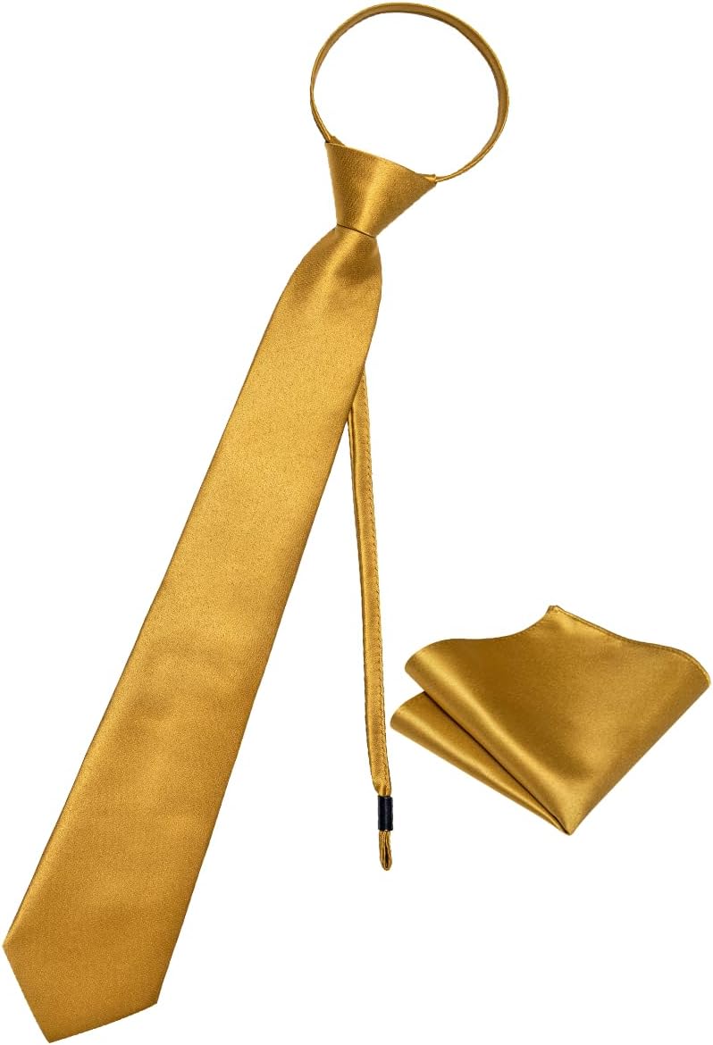 Men's Tie Set Solid Color Adjustable Zipper Neck Tie 8cm Satin Tie and Pocket Square Set with Gift Box