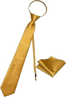 Men's Tie Set Solid Color Adjustable Zipper Neck Tie 8cm Satin Tie and Pocket Square Set with Gift Box