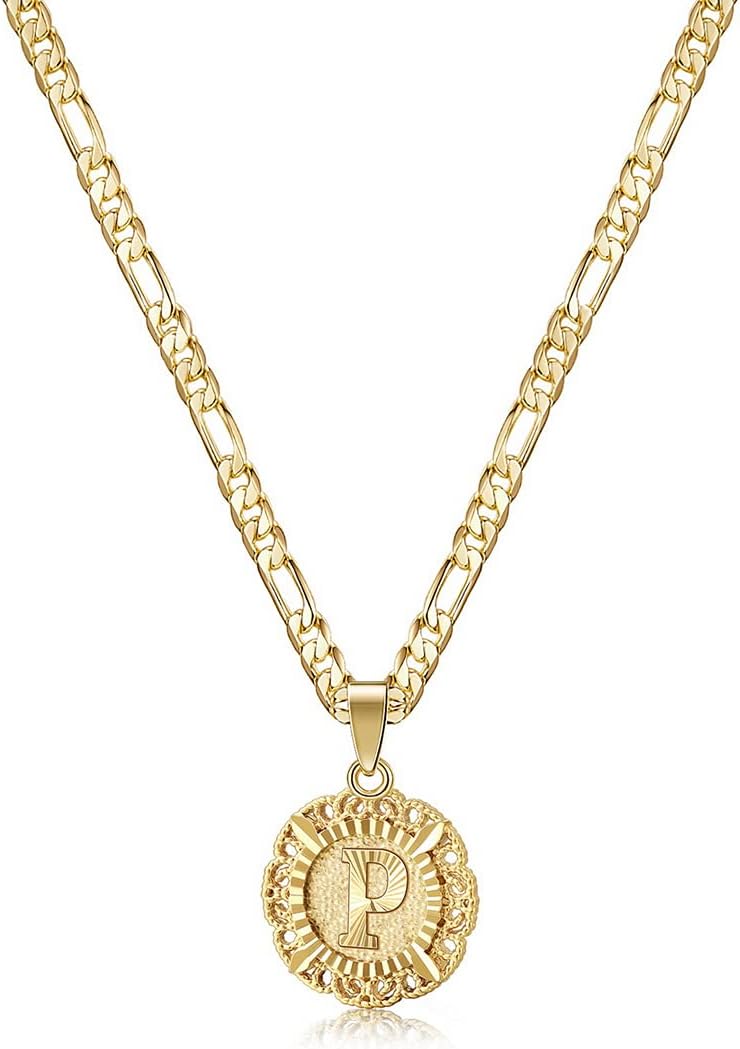 KissYan Initial Necklace for Women,14K Gold Plated Round Letter Pendant Necklace Capital Monogram Necklace Alphabets from A-Z Figaro Chain Necklace