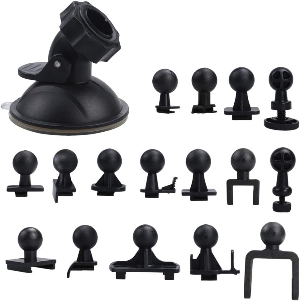 BiBiFly Car Suction Cup for Dash Cam Holder with 16 Different Types Swivel Ball Adapter Use for Driving DVR Camera Camcorder GPS Action Camera, Vehicle Video Recorder on Windshield & DashBoard