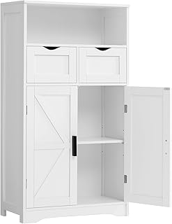 WEENFON Bathroom Cabinet, Storage Cabinet with 2 Doors & 2 Drawers, Bathroom Floor Cabinet with Adjustable Shelf, Freestanding Storage Organizer for Living Room, Hallway, White