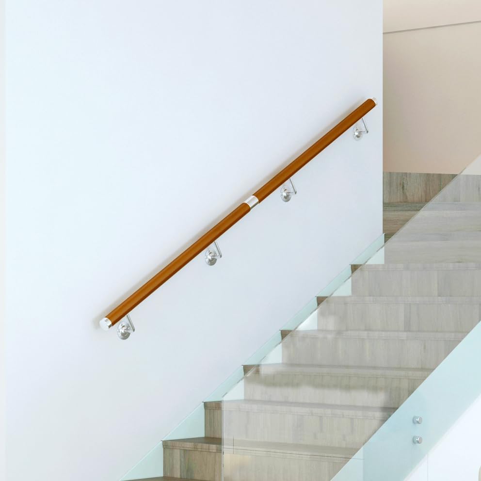 DIYHD 6.6FT Modern Wooden Yellow Color PVC Handrail with 3pcs Rail Brackets Wall Mount Stair Handrail