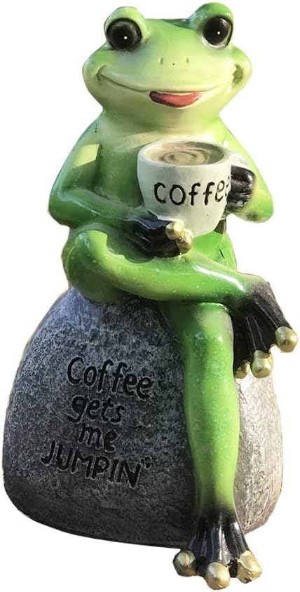 6" Drinking Coffee Green Frog Sitting on Stone Statue Creative Garden Statue Decoration Collectible Frog Figurine Statue