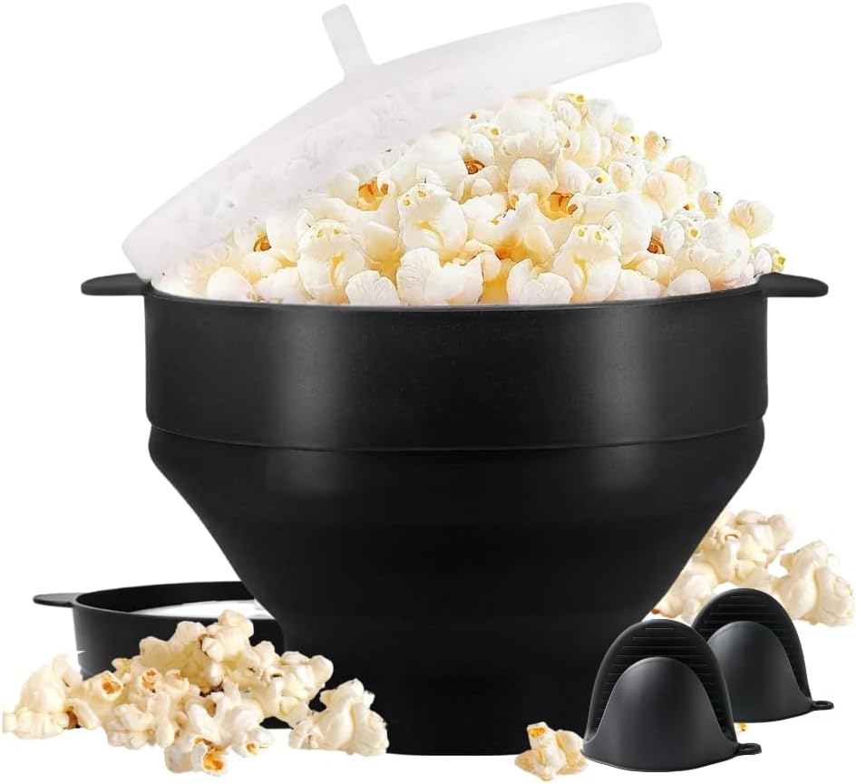 QuickSync Silicone Hot Air Microwave Popcorn Maker | Collapsible Food-Grade Popcorn Popper Bowl | Popcorn Maker Bowl with Lid | DIY Popcorn Bucket | No Oil Healthier | Dishwasher Safe