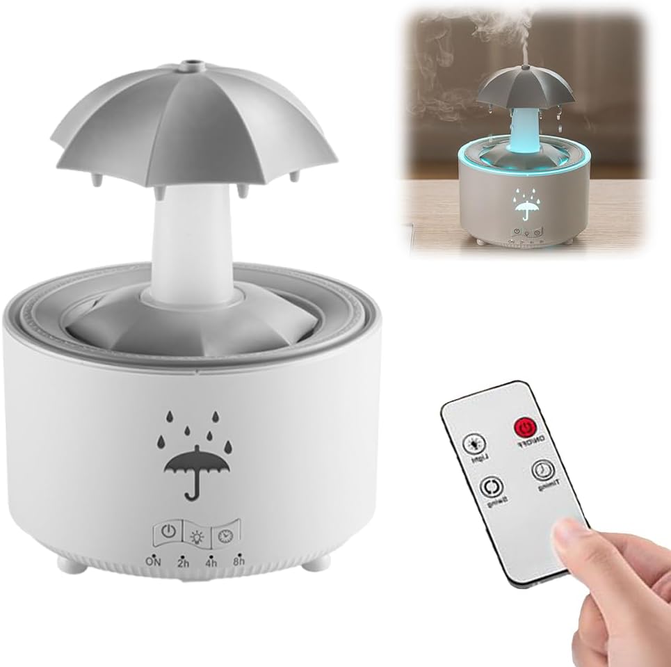 Umbrella Rain Humidifier, 7 Color Umbrella Diffuser with Rain Effect, 300Ml Essential Oil Rainfall Humidifier, 360° Rotatable & Waterless Auto-Off Raindrop Aromatherapy Diffuser (White)