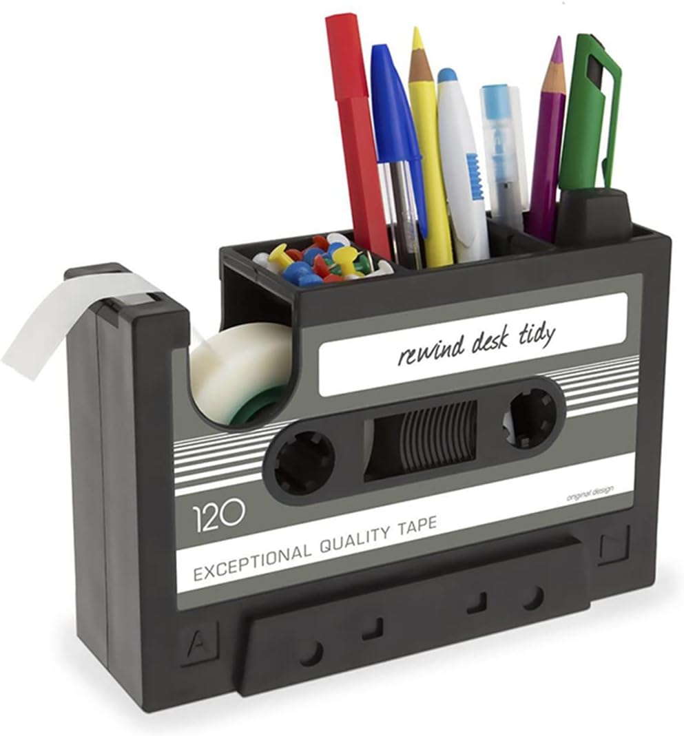 Tape Dispenser with Pen Holder, The Retro Cassette Heat Tape Dispenser, Cute Roll Holder with 1 Roll, Paperclips Holder,Stationery Desk Tidy Container, Office Stationery Storage,Great Office Gifts