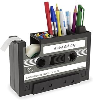 Tape Dispenser with Pen Holder, The Retro Cassette Heat Tape Dispenser, Cute Roll Holder with 1 Roll, Paperclips Holder,Stationery Desk Tidy Container, Office Stationery Storage,Great Office Gifts