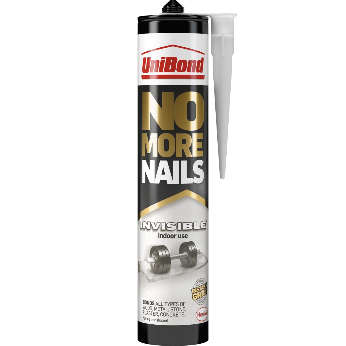 UniBond No More Nails Invisible, Heavy-Duty Clear Glue, Strong Glue for Wood, Ceramic, Metal & More, Instant Grab Mounting Adhesive, 1 x 285g Cartridge