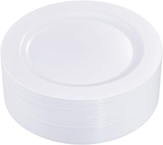 I00000 50Pcs White Plastic Dinner Plates 10.25 Inch, Premium Disposable Party Plates, Safe and Reusable, Heavy Duty Plastic Plates Perfect for Wedding & Party