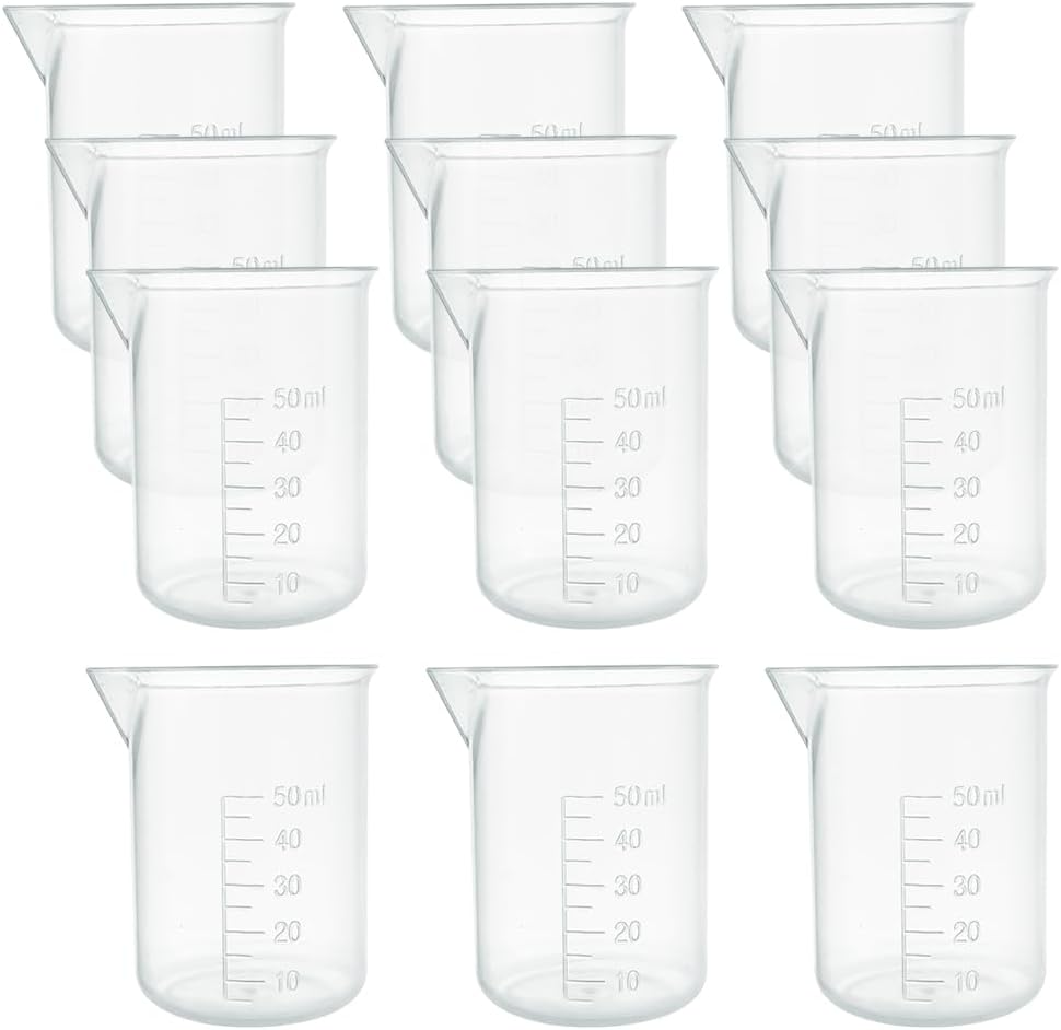 FSSTUD 12 Pcs 50ml Transparent Lab Measuring Beakers Plastic Beaker Cups Small Clear Graduated Beakers Epoxy Resin Mixing Cups Liquid Container Beakers for Science Experiment