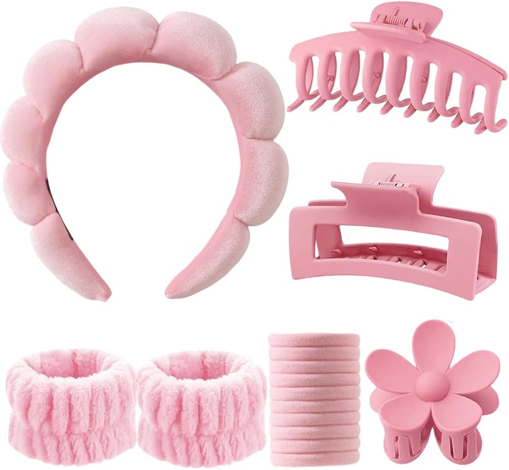 16pcs Spa Makeup Headband Set for Washing Face, Bubble Skincare Headband, Face Washing Wristbands, Big Hair Claw Clips, Elastic Hair Bands for Women Girls Makeup Removal Wash Spa Yoga Sports Shower