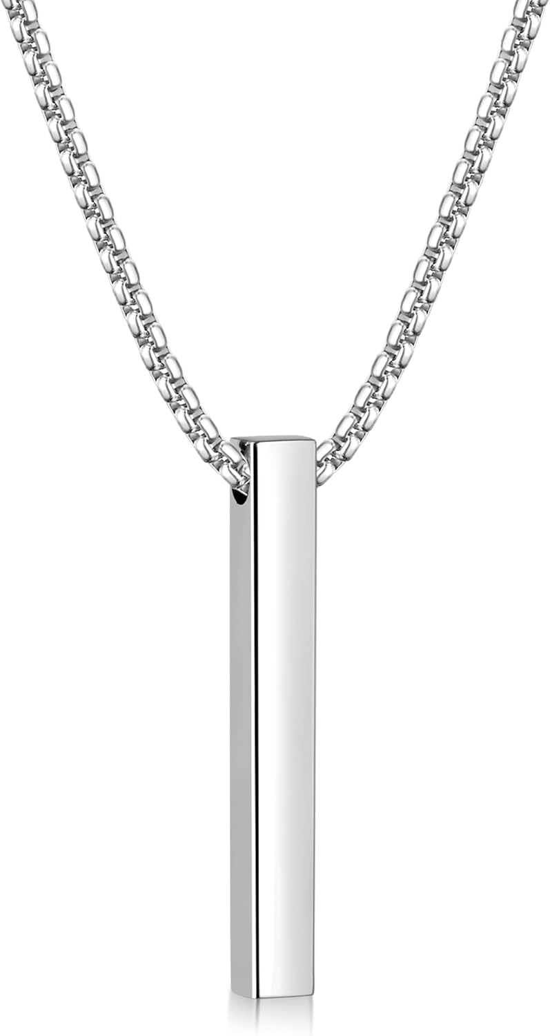 Fiusem Pendant Necklace for Men, Silver Tone/Gold Plated/Black Mens Penddant Necklaces with 2.5 mm Box Chain, Stainless Steel Bar Chain, 18-28 Inches