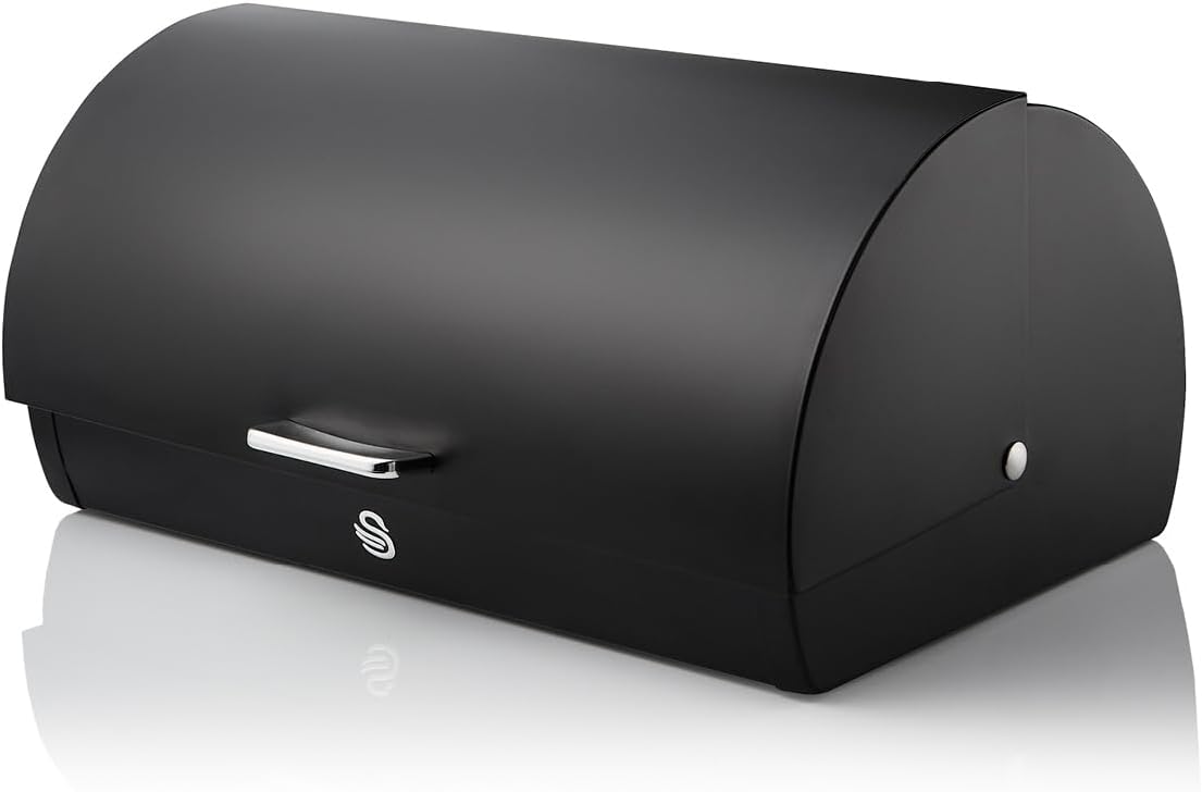 Swan SWKA18535BLK Serenity Bread Bin with Ventilation, Smooth Matt Finish and Roll Top Lid, 14 Litre, Black