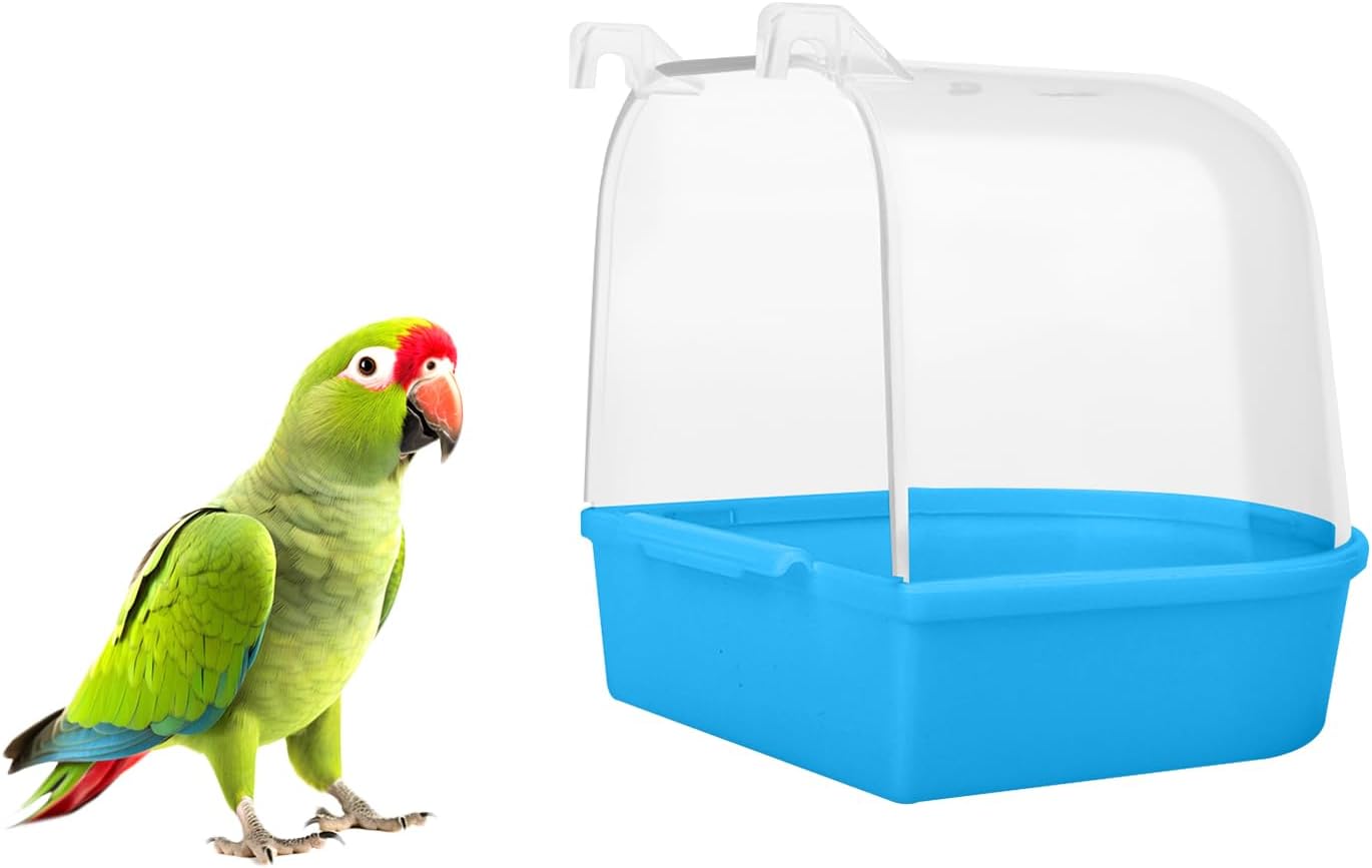 MEISH Bird Bath Tub Pet Bird Bath Box with Hooks Bird Cage Hanging Bathtub Bird Cage Accessory Supplies for Parrot Canary Budgies (Dark blue)