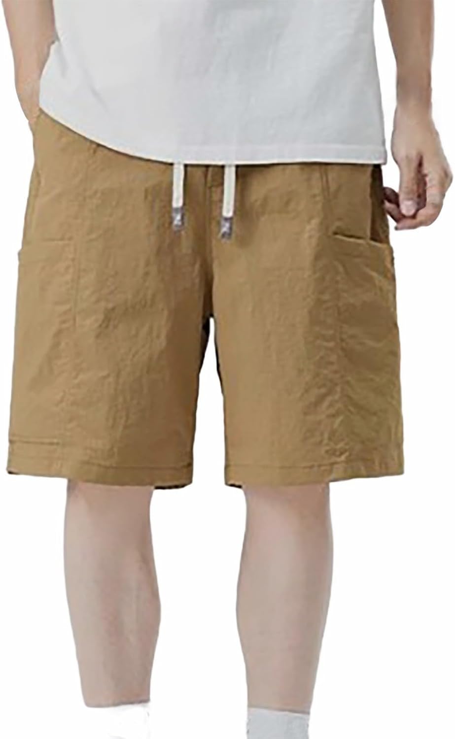 Cocila Mens Summer Cotton Linen Shorts Loose Fit Elastic Waist Knee Length Cosy Solid Color Casual Beach Pants with Pockets Womens Cargo Short Trousers