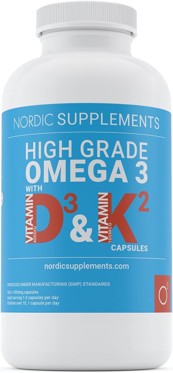 Nordic Supplements Omega 3 Fish Oil 1000mg with Vitamin D 4000iu and K2 100ug - 180 Capsules Supplements