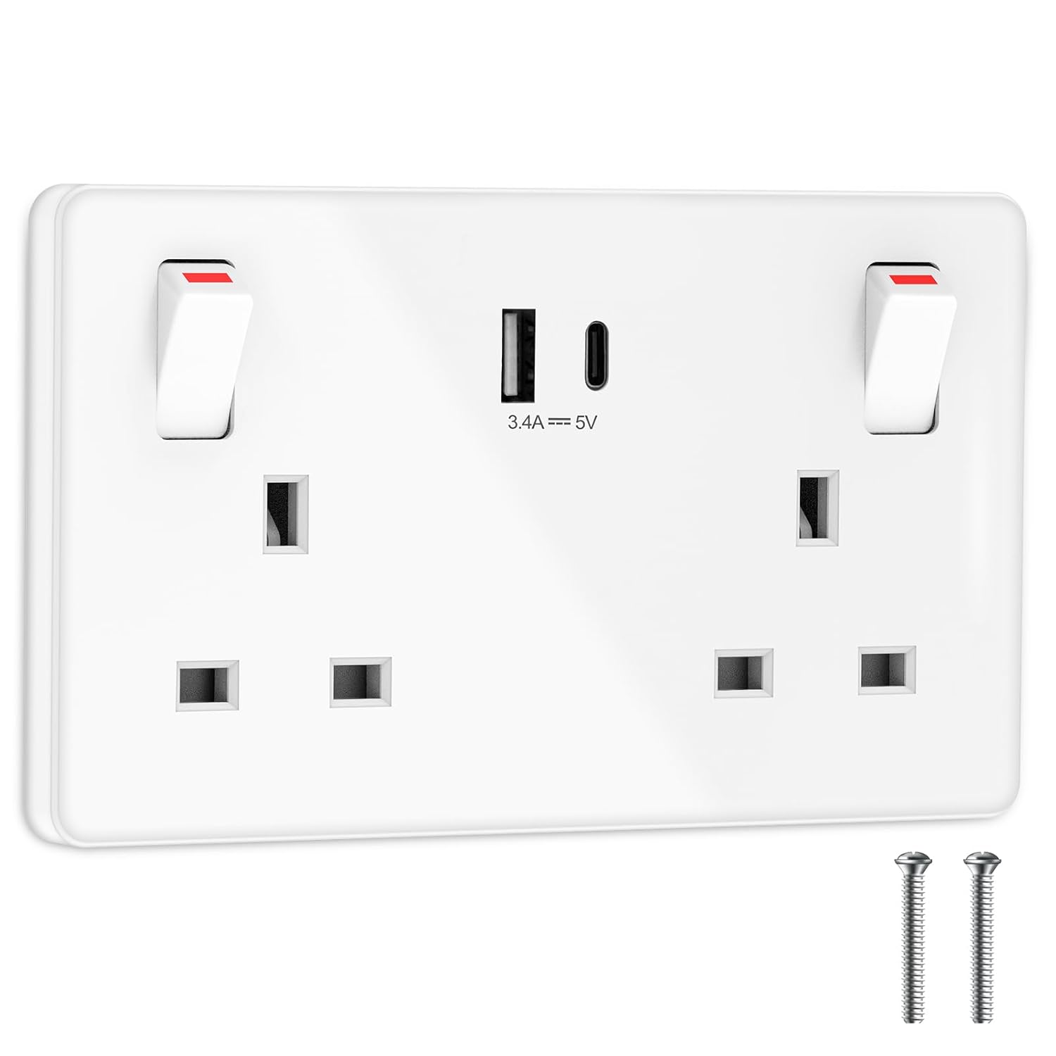 Double Plug Socket USB C Switched Wall Socket with 2 USB Ports Electrical Power Outlets 2 Gang 13A Twin Electric Double Sockets, White
