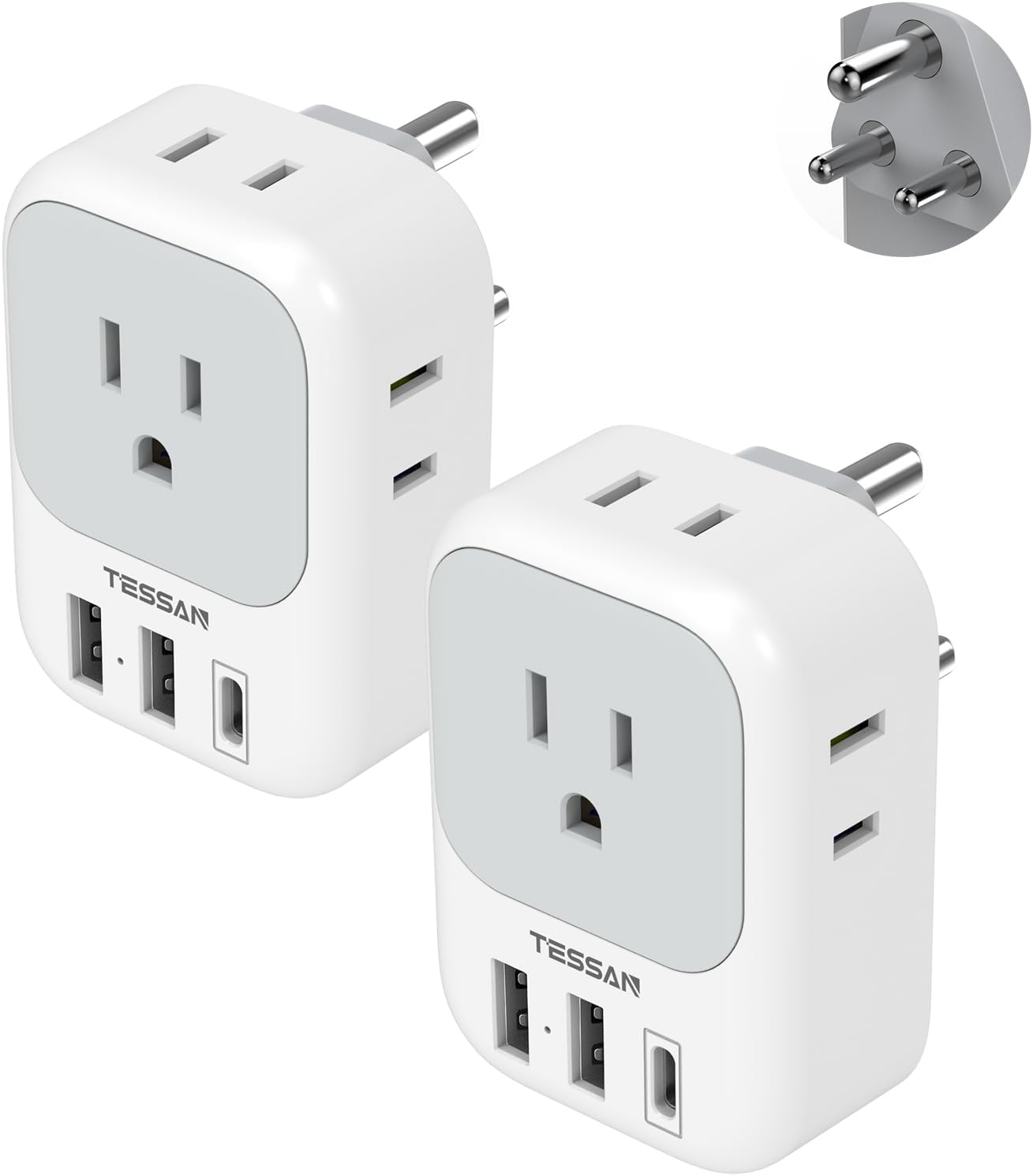 India Plug Adapter 2 Pack, TESSAN Type D Travel Adapter with 4 Outlets 3 USB Charger (1 USB C Port), US to Indian Outlet Adaptor for USA to Bangladesh, India, Kuwait, Maldives