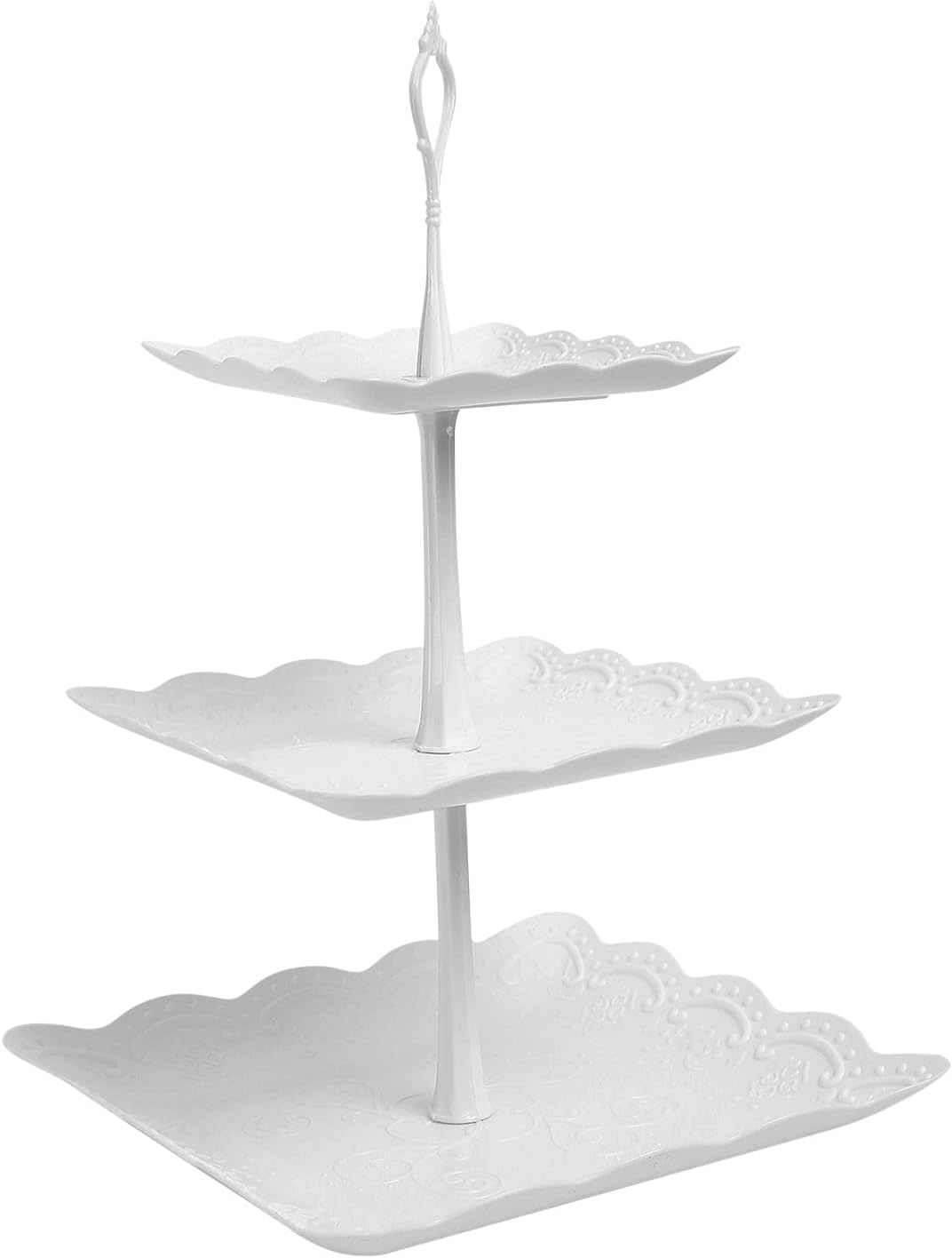 KONAMO 3 Tiers Cake Display Stand, White Afternoon Tea Stands, Plastic Square Cup Cake Fruit Dessert Party Server Plates Stands, Reusable Food Serving Platter Stand for Birthday, Wedding, Party