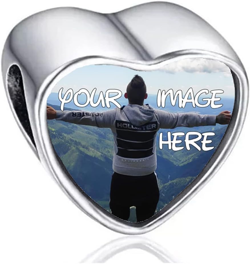 2Burned UK Personalised Love Heart Photo Charm Bead – Custom Picture Alloy Jewellery – Fits European Style Charm Bracelets – Unique Gift for Mum, Wife, Girlfriend, Baby Scan Keepsake