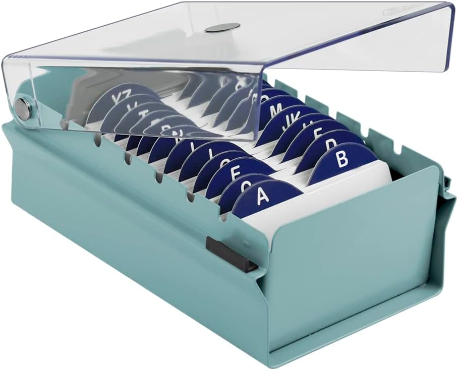 Acrimet Index Business Card Size File Holder Organizer Box Metal Base Heavy Duty (AZ Index Cards and Divider Included) (Green Color with Clear Crystal Plastic Lid Cover)