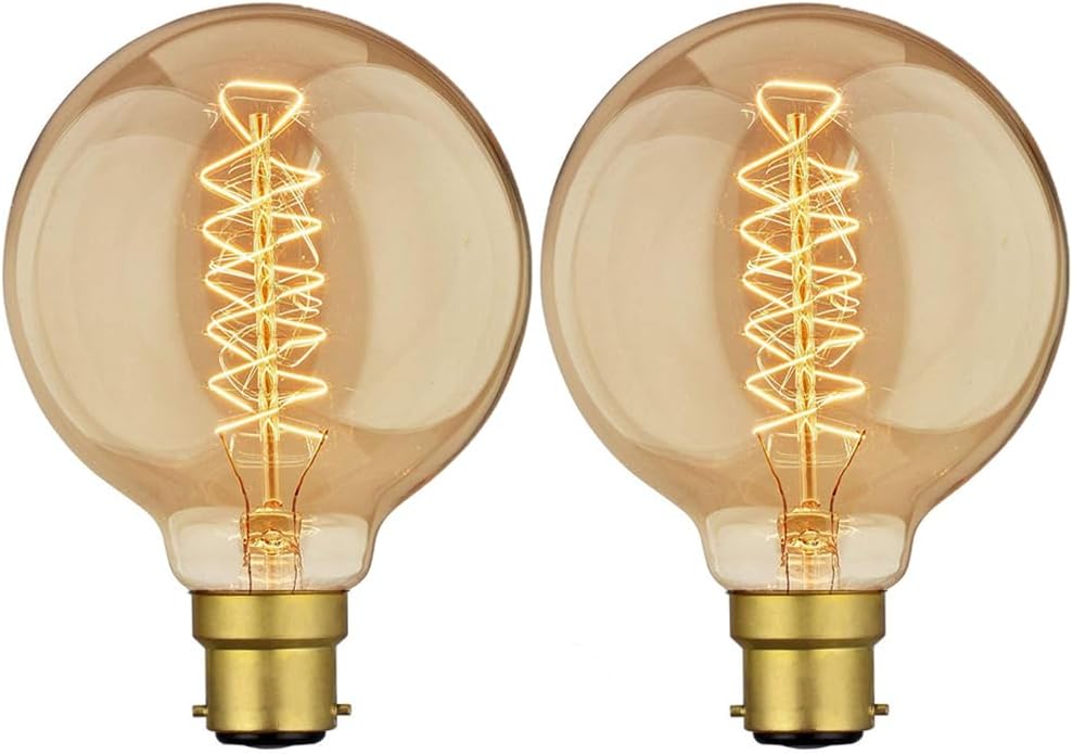 Sunnylinn Vintage Edison Bulb Bayonet Dimmable, B22 Amber Light Bulb Warm White 2600K, G80 Globe Vintage Spiral Light Bulbs Bayonet Cap Fitting AC 230V, BC Filament Light Bulb, 2-Pack.