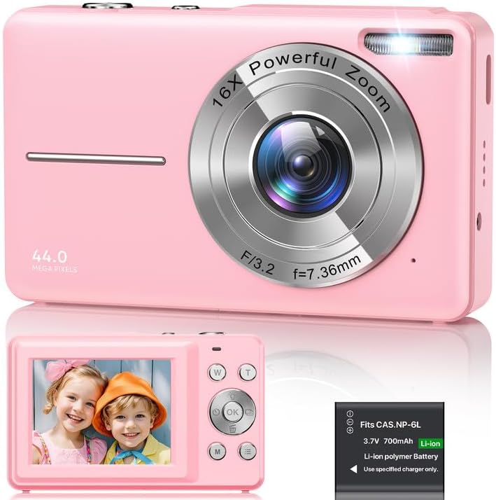 Digital Camera 1080P, 44MP FHD Compact Digital Camera, 16X Digital Zoom Portable Photo Camera with 2.4" LCD Screen, 1 Battery, Vlogging Camera for Kids, Beginners, Teens, Students-Pink (No SD Card)
