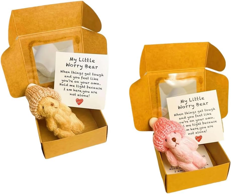 MAIPAI 2Sets ATeddyBear Hug in a Box for Women,Fluffie Stuffies Bear Doll Little Pocket Hug,Mini Worry Bears in Box with Inspirational Card,Mini Plush Bear Sympathy Gift for Kids,Boys Girls