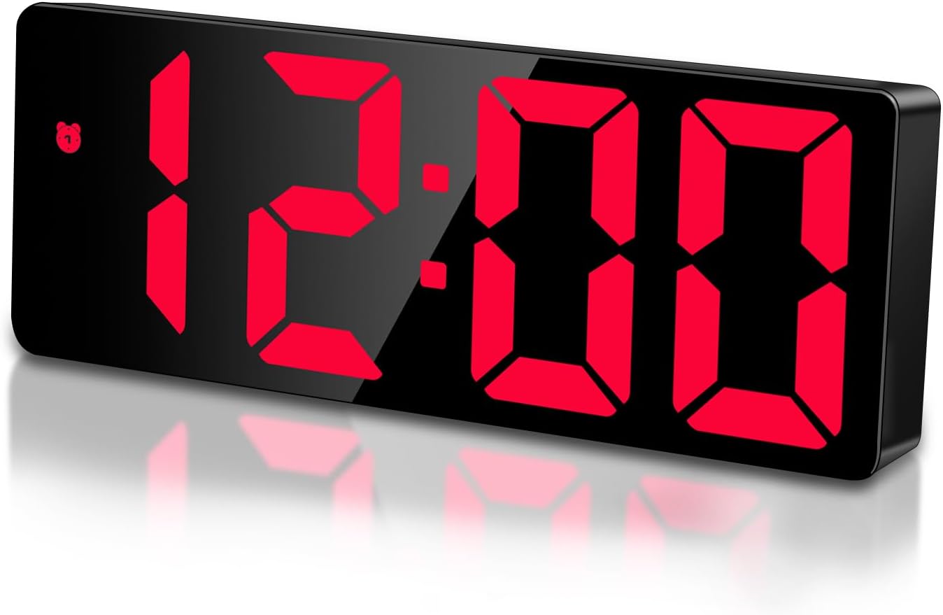 Sarsumir Digital Alarm Clock Mains Powered Electric Battery Alarm Clocks Bedside for bedrooms Office, LED Kids Alarm Clock with Time Date Temperature Snooze Brightness Adjustable, Red Display