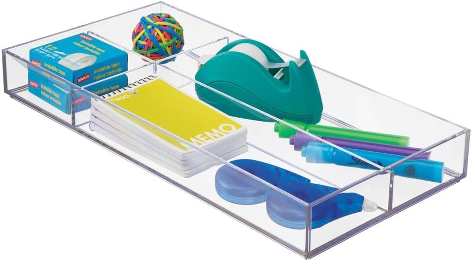 mDesign Plastic Stackable Office Divided Storage Drawer Organizer Tray for Cabinet, Desk, Shelf, or Closet Organization - Holds Note Pads, Pens, Tape, Staples, Scissors, Lumiere Collection - Clear