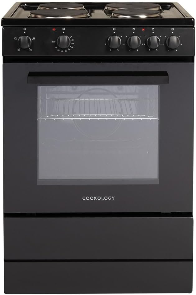 Cookology CFSP600BK/1 Freestanding Electric Single Cooker in Black - Solid Plate Top - 68 Litre Capacity - 60cm Wide - 4 Cooking Zone Hob - Analogue Dials