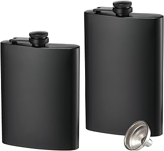 2 Pack Hip Flasks for Liquor, 8 Oz & 12 Oz Stainless Steel Leakproof Thin Flasks with Funnel for Men & Women (Matte Black)